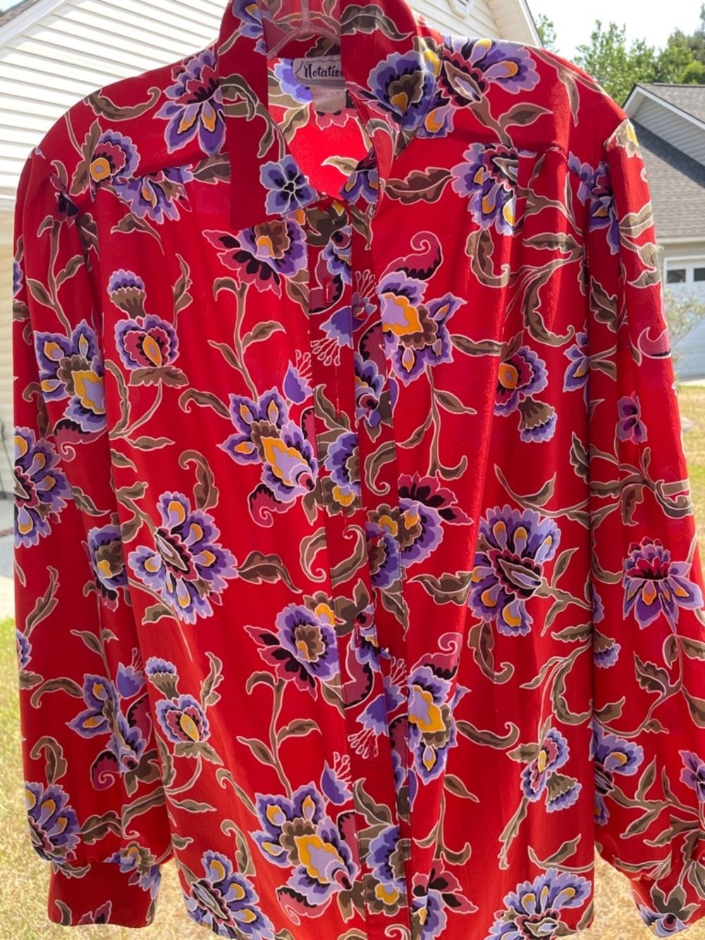 Notations Red Floral Button-Front Shirt with Purple & Yellow Blooms
